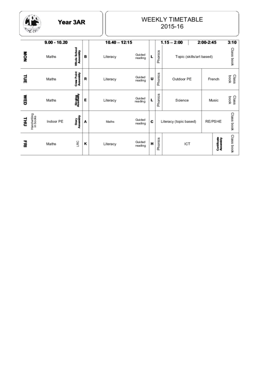 Weekly Timetable Printable pdf