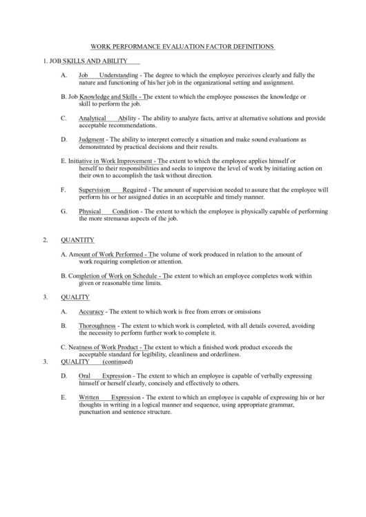 Work Performance Evaluation Factor Definitions Printable pdf