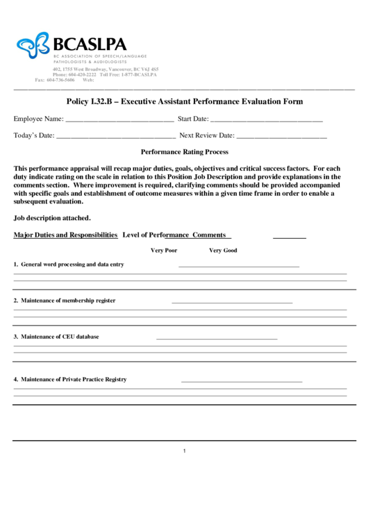 Executive Assistant Performance Evaluation Form Printable pdf