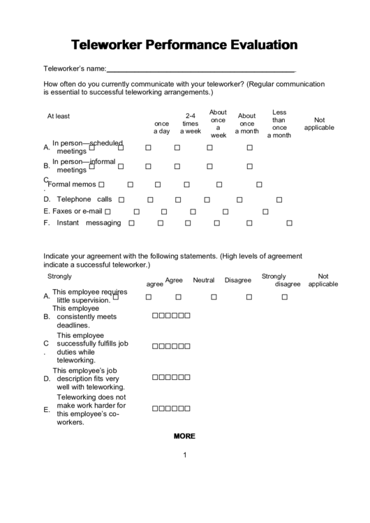 Teleworker Performance Evaluation Printable pdf