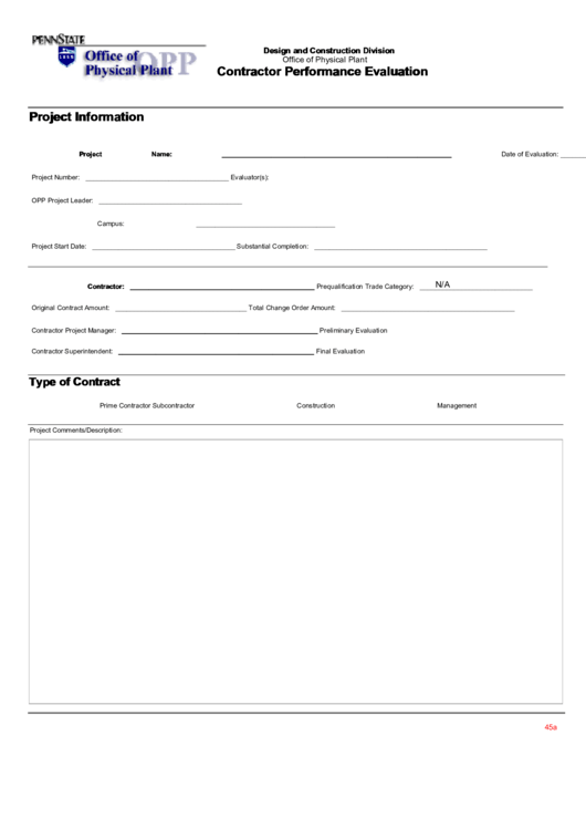 Contractor Performance Evaluation Form Printable pdf