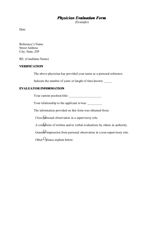 Physician Evaluation Form Printable pdf