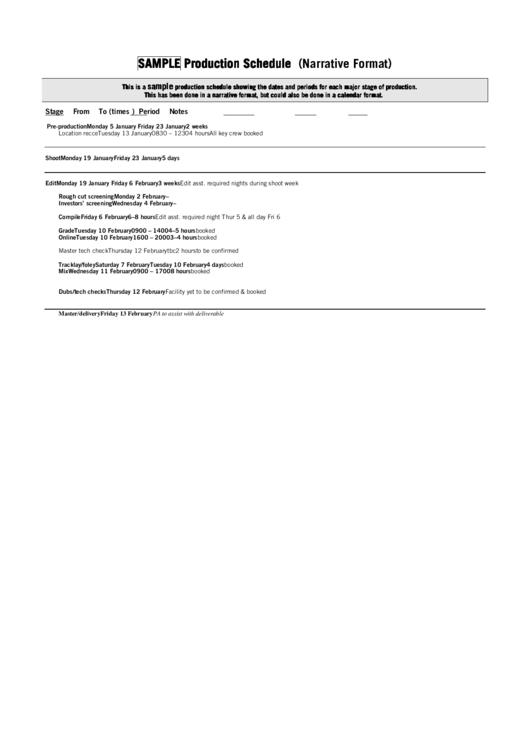 Production Schedule (Narrative Format) Printable pdf