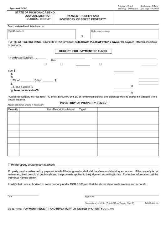 Form Mc 82 (6/04) - Payment Receipt And Inventory Of Seized Property Form Printable pdf