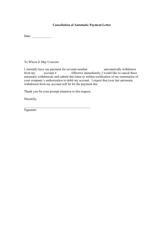 Fillable Cancellation Of Automatic Payment Letter Template Printable pdf