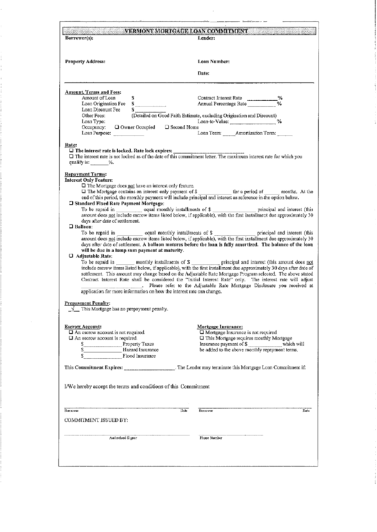 Vermont Mortgage Loan Commitment Printable pdf