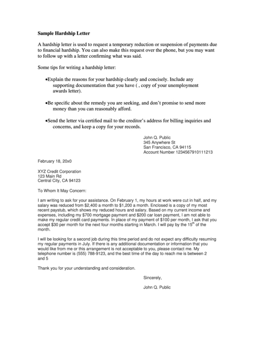 Sample Hardship Letter Template Printable pdf