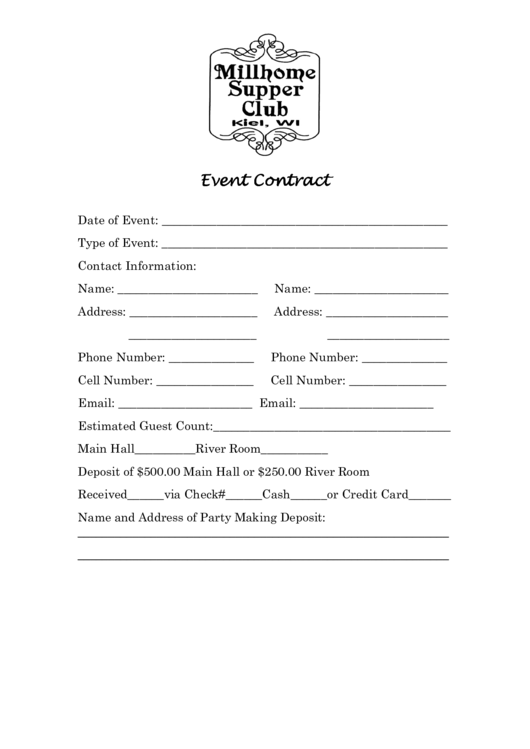 Millhome Supper Club Event Contract Printable pdf