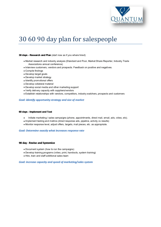 30-60-90 Day Plan For Salespeople Printable pdf