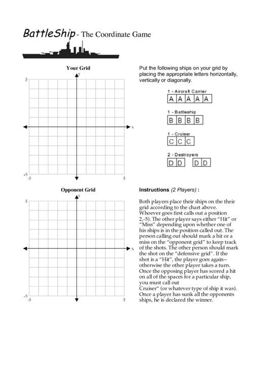 Battleship - The Coordinate Game Printable pdf