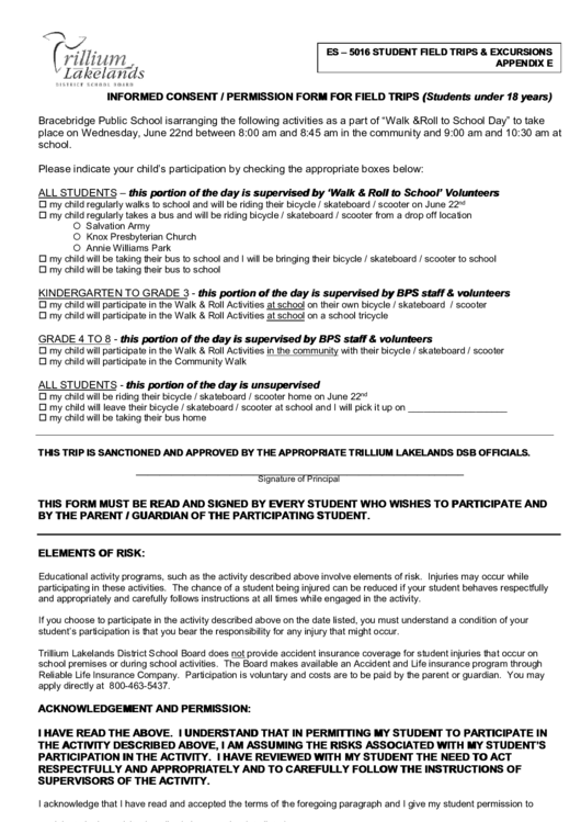 Permission Form For Field Trip Printable pdf