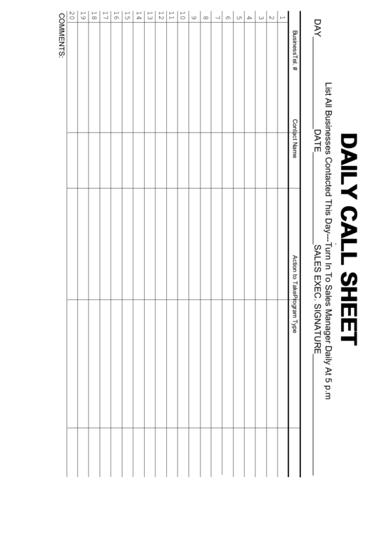 Daily Call Sheet Template Printable pdf