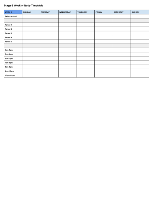 Weekly Study Timetable Printable pdf