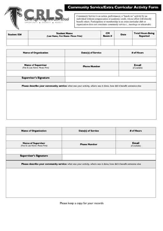 Community Service Extracurricular Activity Form Printable pdf