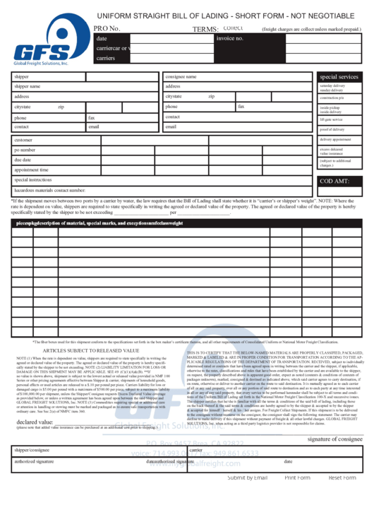 Uniform Straight Bill Of Lading - Short Form Printable pdf