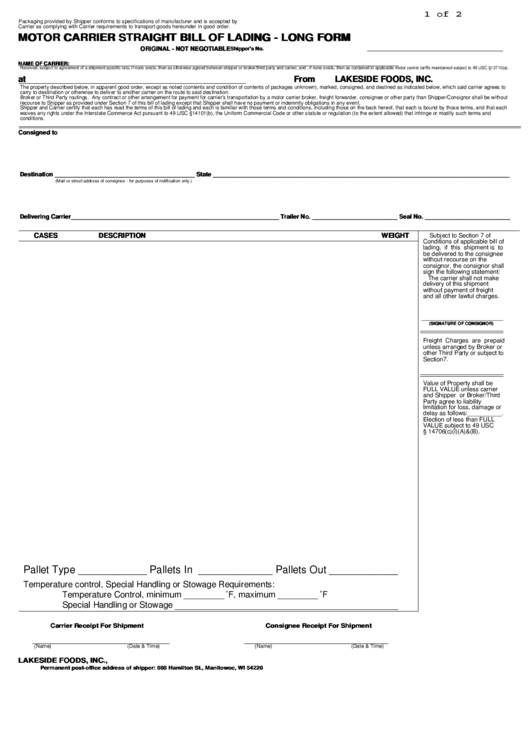 Motor Carrier Straight Bill Of Lading - Long Form Printable pdf