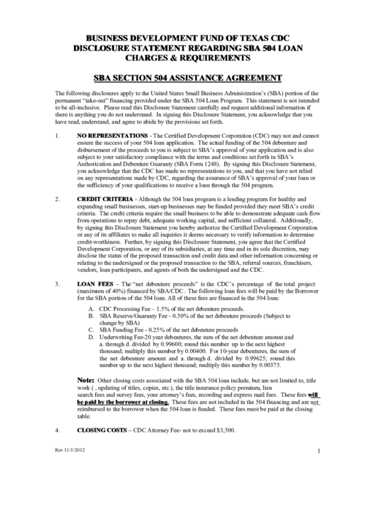 Sba Section 504 Assistance Agreement Printable pdf