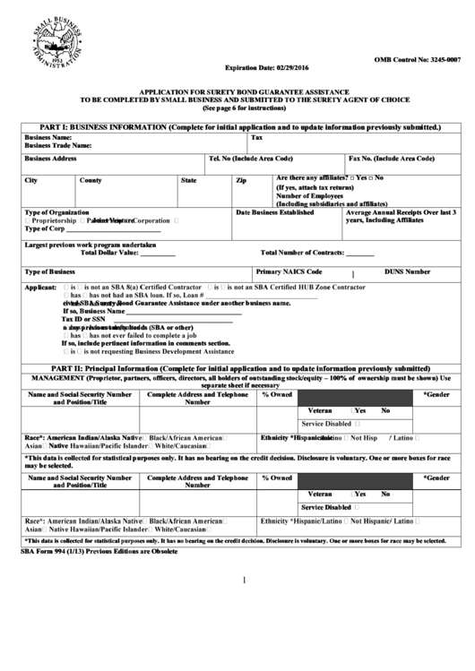 U.s. Small Business Administration - Application For Surety Bond Guarantee Assistance Form