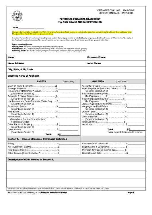 Sba Form 413 - Personal Financial Statement 7(A) / 504 Loans And Surety Bonds Printable pdf
