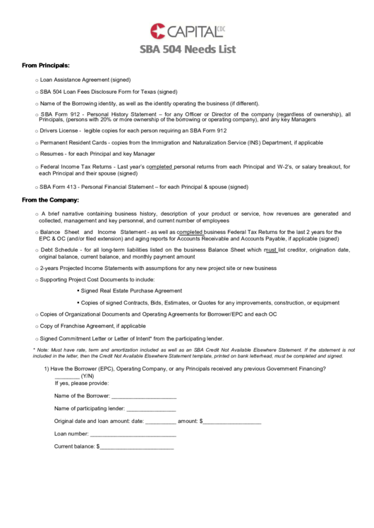Sba 504 Needs List Printable pdf