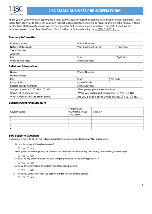 Sba Form 413 - Personal Financial Statement, Lisc Small Business Pre-Screen Form Printable pdf