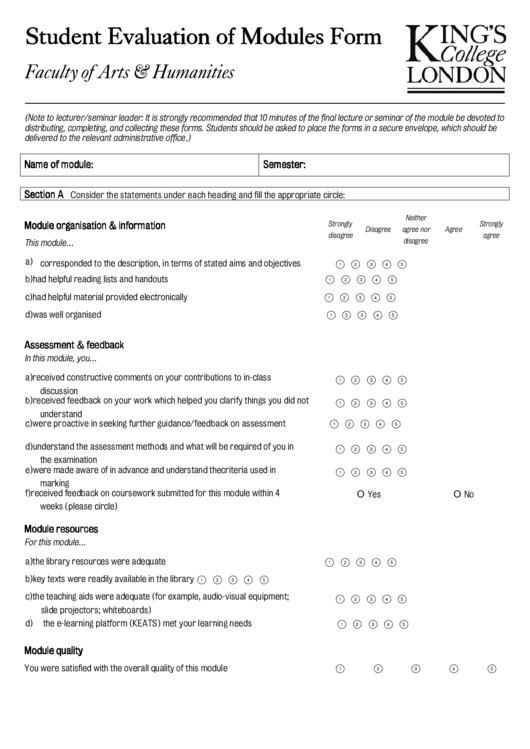 Student Evaluation Of Modules Form Printable pdf