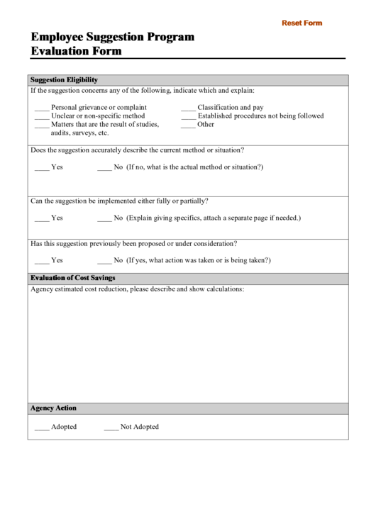 Employee Suggestion Program Evaluation Form Printable pdf