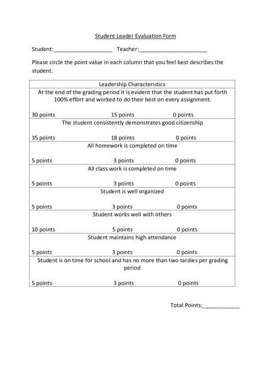 Student Leader Evaluation Form Printable pdf