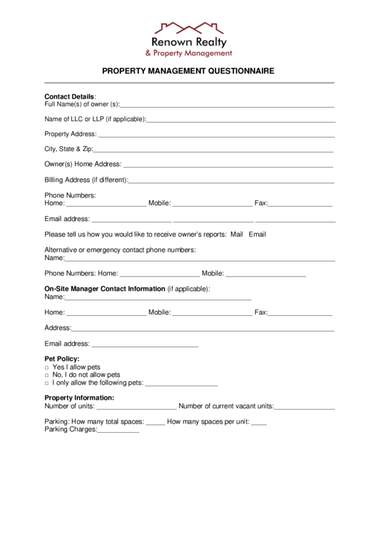 Property Management Questionnaire Template Printable pdf
