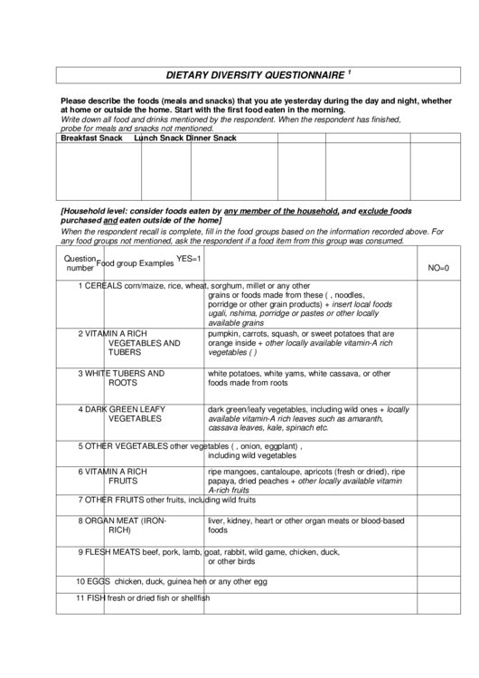 Fao Dietary Diversity Questionnaire Printable pdf