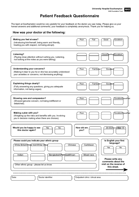 Patient Feedback Questionnaire Printable pdf