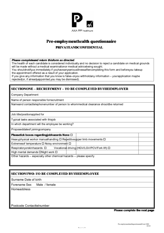 Pre Employment Health Questionnaire Template Printable pdf