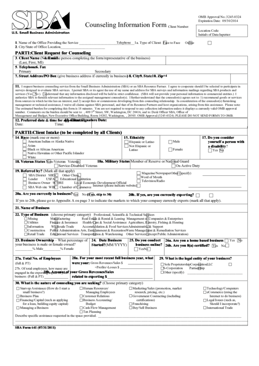 Sba Form 641 - Counseling Information Form Printable pdf