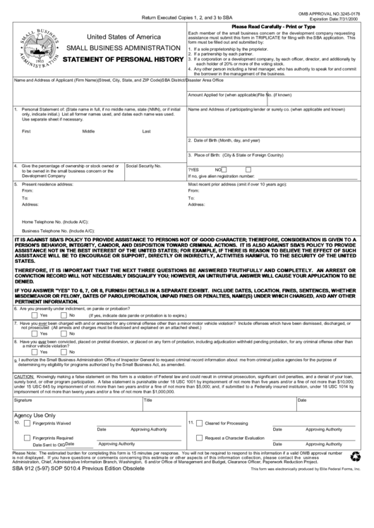 Form Sba 912 (5-97) - Statement Of Personal History Form
