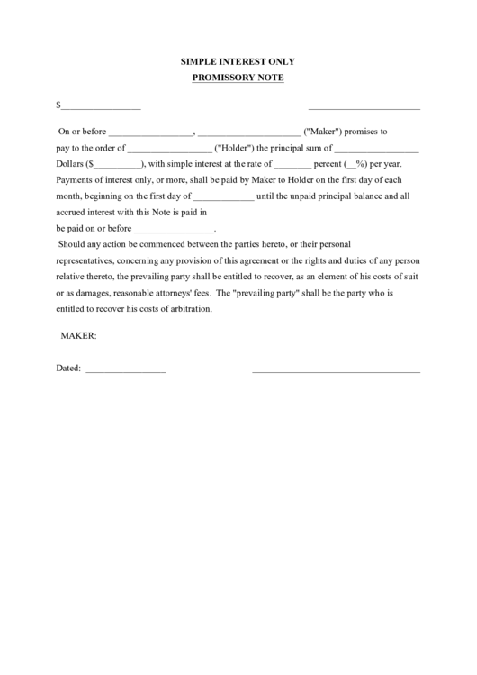 Simple Interest Only Promissory Note Printable pdf