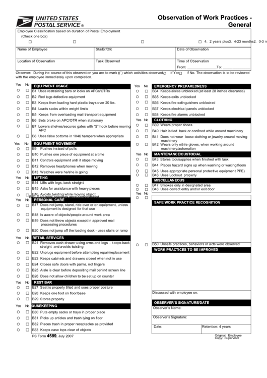 Fillable Observation Of Work Practices Printable pdf