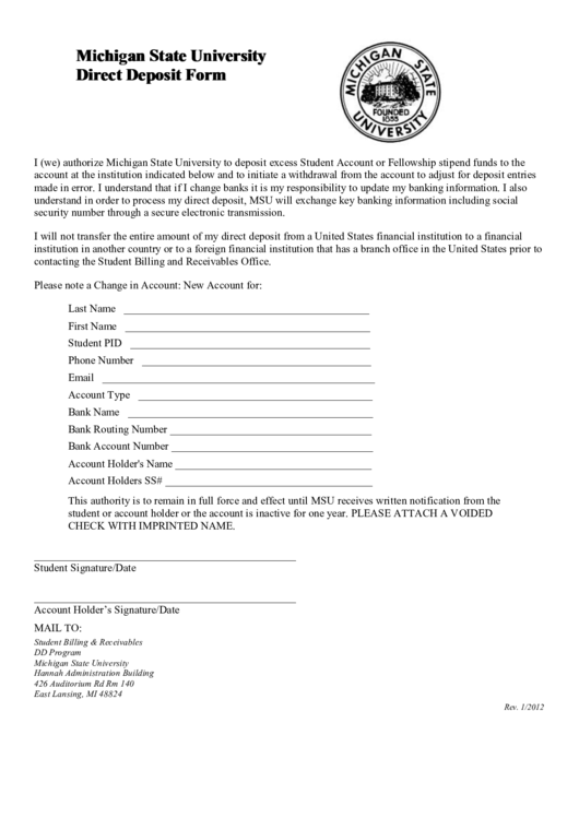 Michigan State University Direct Deposit Form Printable pdf