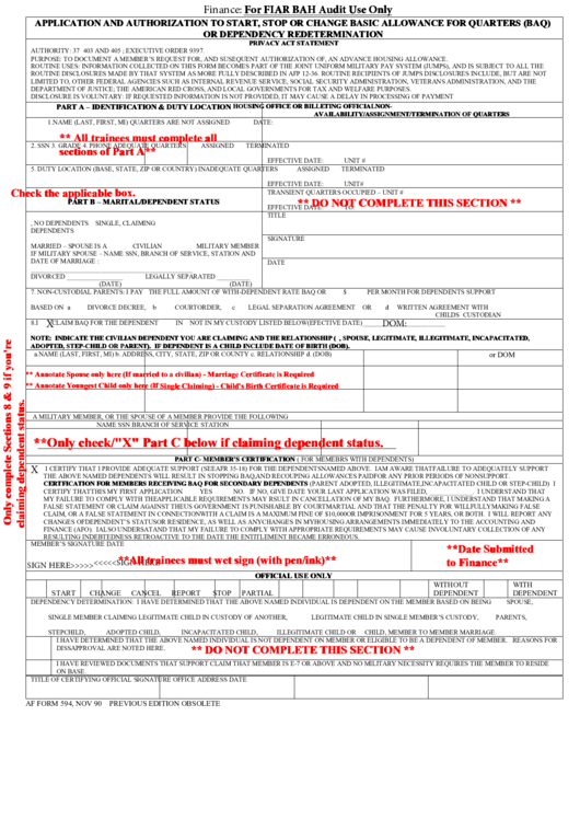 Af Form 594 - Application And Authorization To Start, Stop Or Change Basic Allowance For Quarters (Baq) Or Dependency Redetermination, Af Form 1969 - Officer Uniform Allowance Certification Etc. Printable pdf