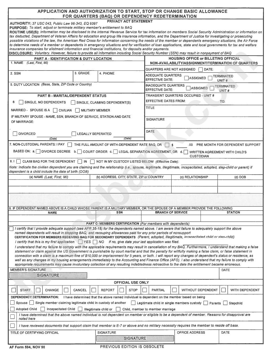 Af Form 594 - Application And Authorization To Start, Stop Or Change Basic Allowance For Quarters (Baq) Or Dependency Redetermination, Af Form 1969 - Officer Uniform Allowance Certification Etc.