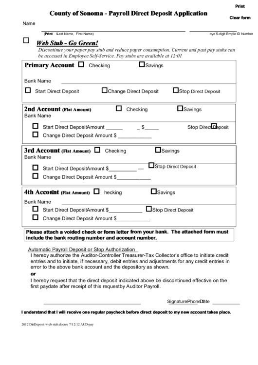 County Of Sonoma - Payroll Direct Deposit Application Printable pdf