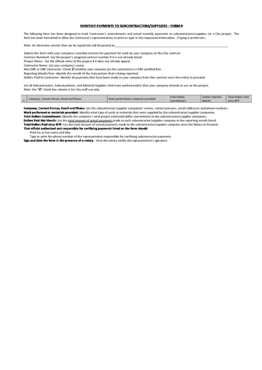 Fillable Monthly Payments To Subcontractors/suppliers - Printable pdf