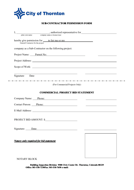 Sub-Contractor Permission Form Printable pdf
