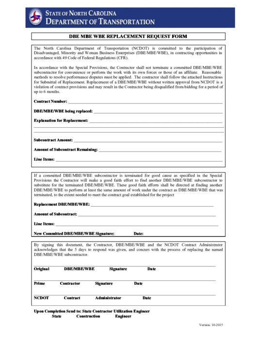 Fillable Dbe Mbe Wbe Replacement Request Form - State Of North Carolina Department Of Transportation Printable pdf