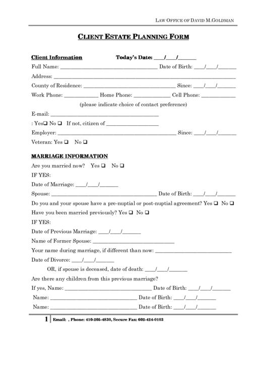 Client Estate Planning Form Printable pdf