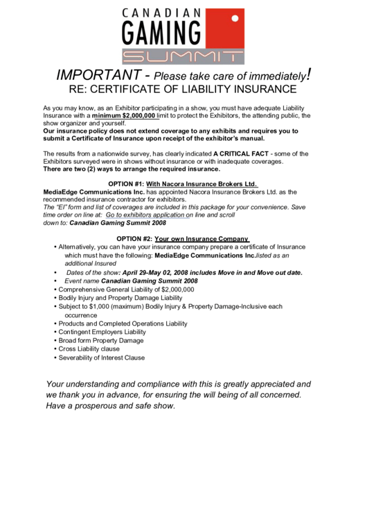 Exhibitors Insurance Application Printable pdf