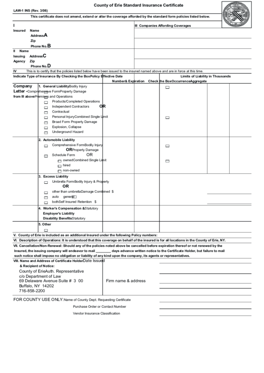 Fillable Standard Insurance Certificate Template - County Of Erie Printable pdf