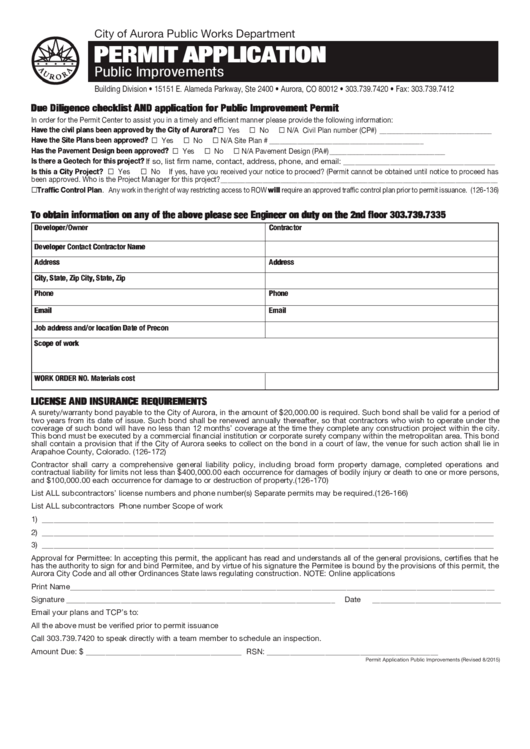 Fillable Permit Application Form - Public Improvements Printable pdf