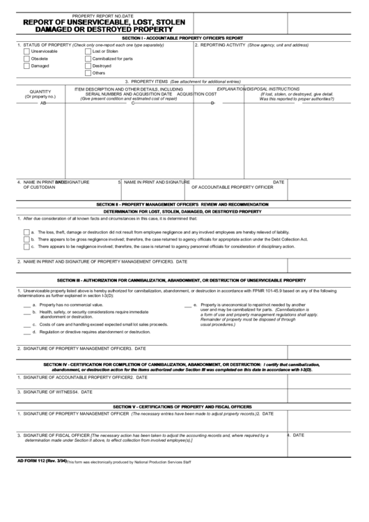 Fillable Ad Form 112 - Report Of Unserviceable, Lost, Stolen Damaged Or ...