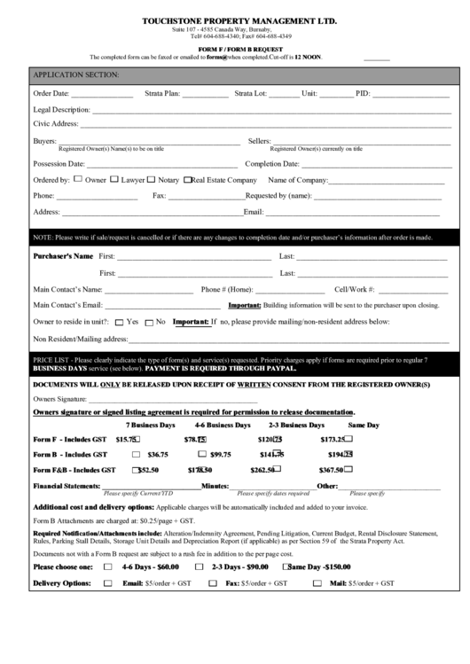 Fillable Touchstone Property Management Ltd Printable pdf