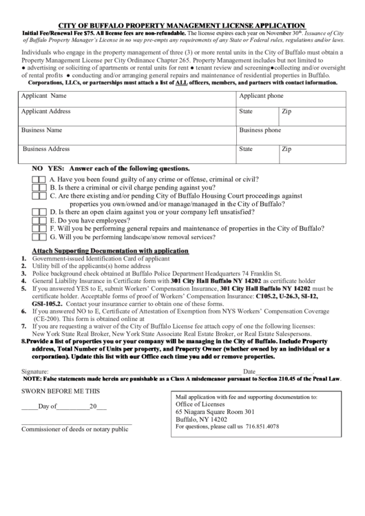 Property Management License Application Form - City Of Buffalo Printable pdf